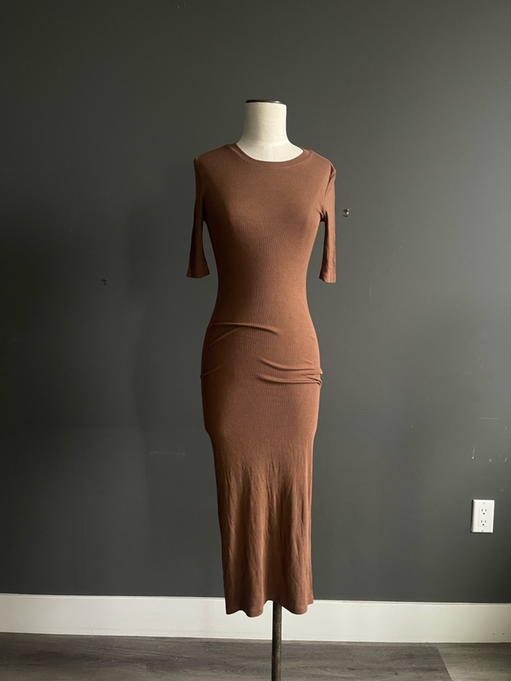 Enzo Costa Ribbed Knit Midi Dress Brown Minimalist Bodycon Luxe Basic Capsule